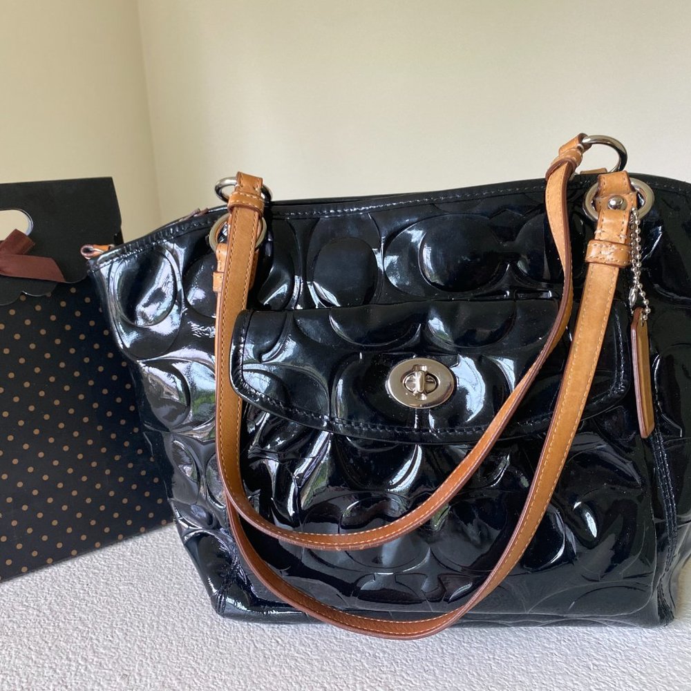 Coach Black Patent Leather Embossed Logo Tote